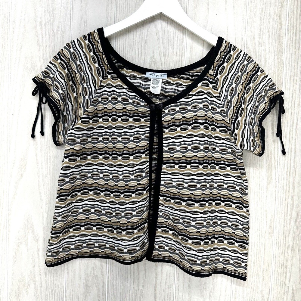 Wet Paint Cardigan Sweater Womens Size L Black Tan Short Sleeve Top Button Front